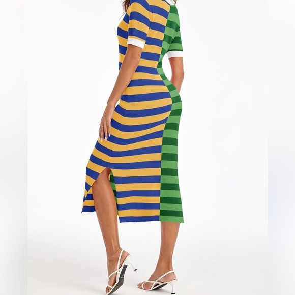 Wenrine Striped Dress Summer Knitted Scoop Neck M Color Block Casual Maxi Dress - Picture 2 of 10